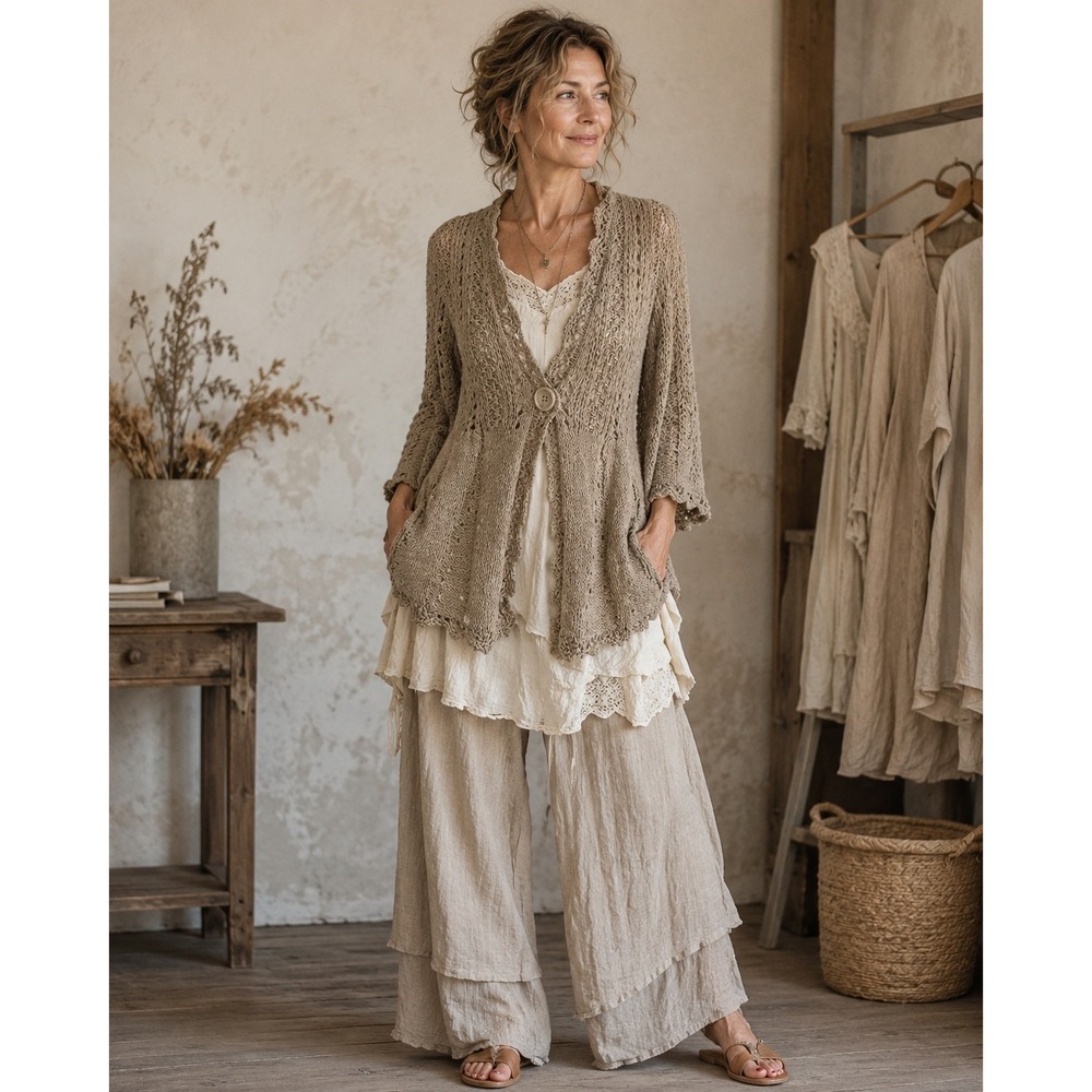 Tweeds‎ M Beige Open Knit Cardigan Wool Blend Boho Cottagecore Sweater Jacket